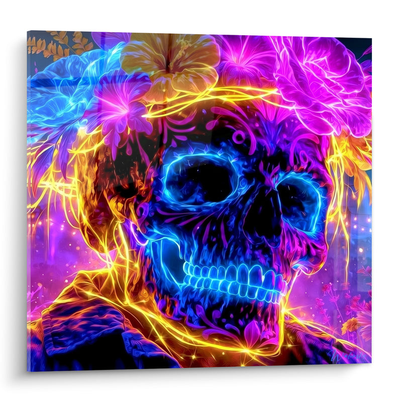Tableau Crâne fluorescent bleu et violet fleuri - Veillée lumineuse - Edition Dia de los Muertos