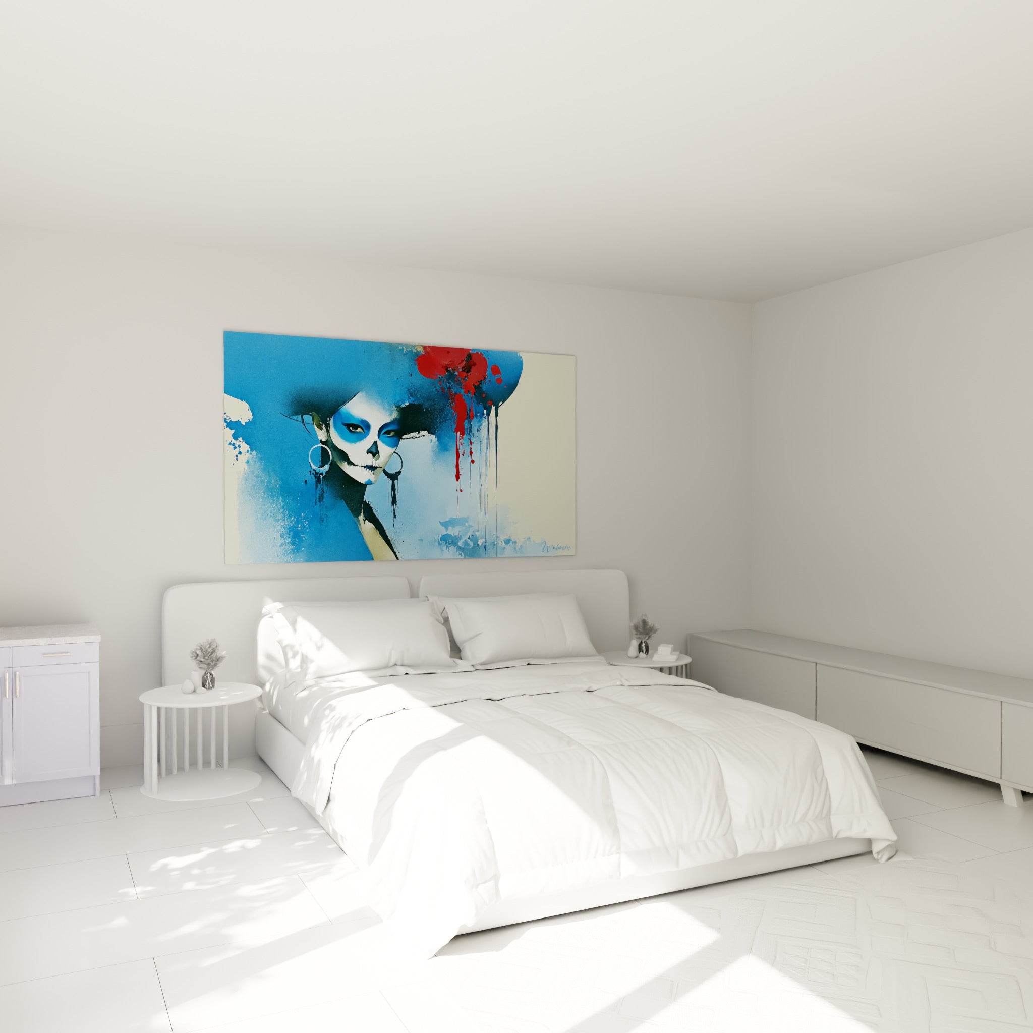 Crâne stylisé Dia de los Muertos aux teintes bleu pastel accroché au-dessus d'un lit dans une chambre claire