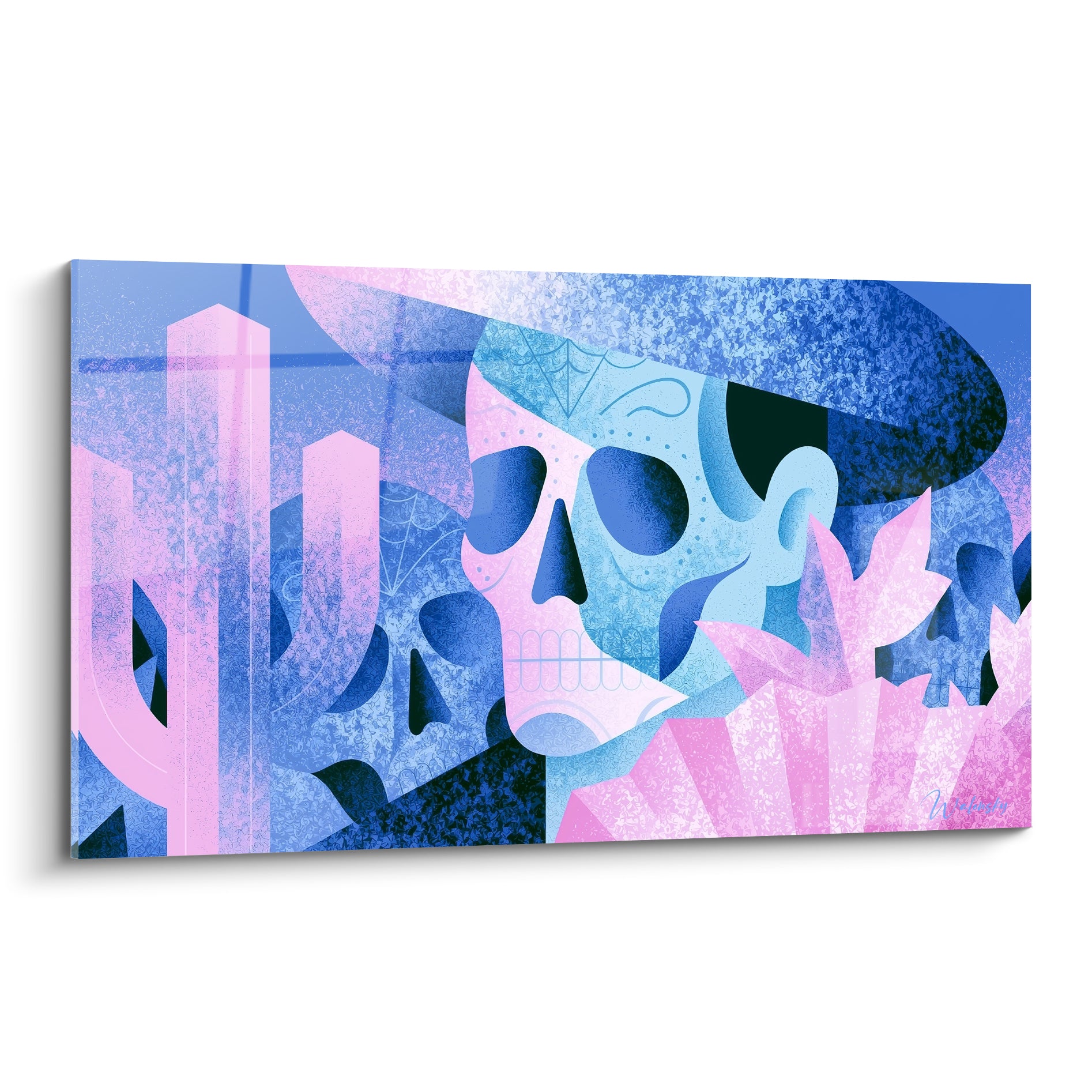 Crâne Dia de los Muertos bleu marine et rose pastel orné d'un chapeau texturé et de cactus