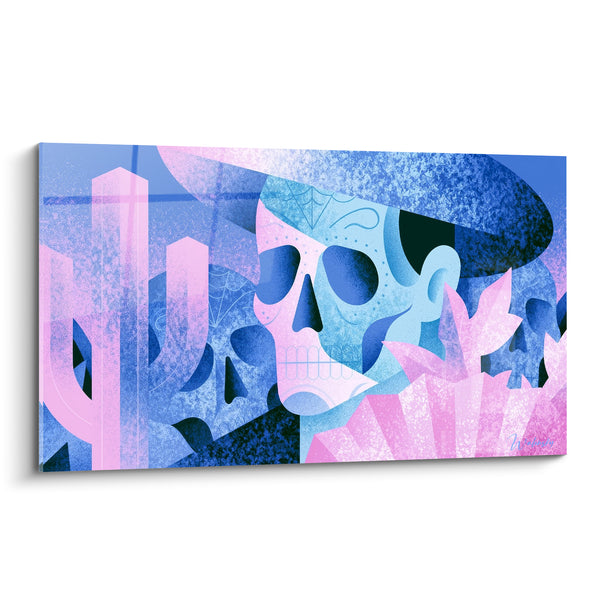 Leinwand Schädel blau und rosa mit Texturhut - Stilisierter Kaktus im Hintergrund - Dia de los Muertos Edition