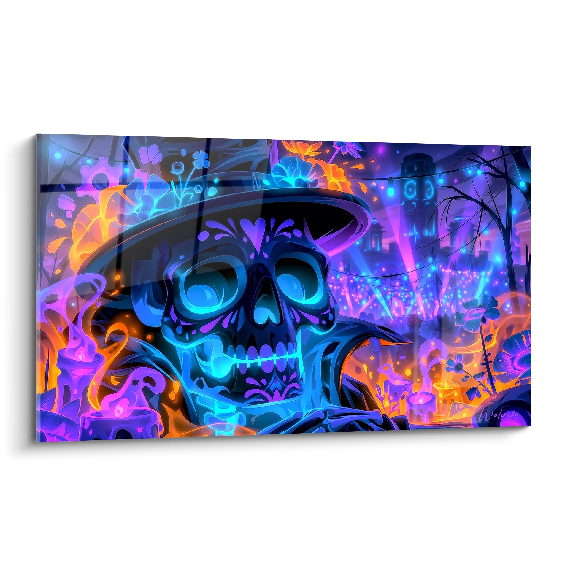 Crâne bleu turquoise orné de motifs floraux, chapeau noir, bougies orange, style néon Dia de los Muertos