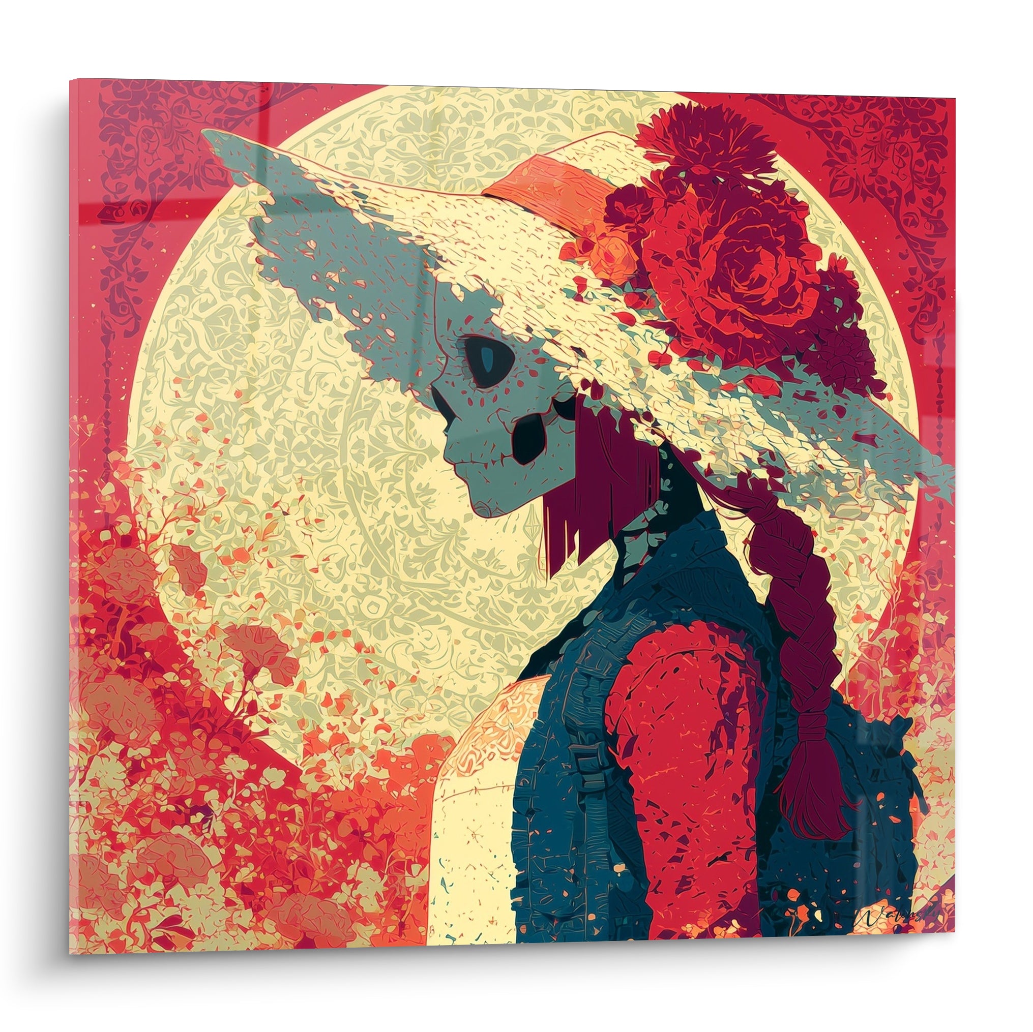 Crâne Dia de los Muertos coiffé d'un chapeau ivoire et de roses rouges, fond lunaire orangé