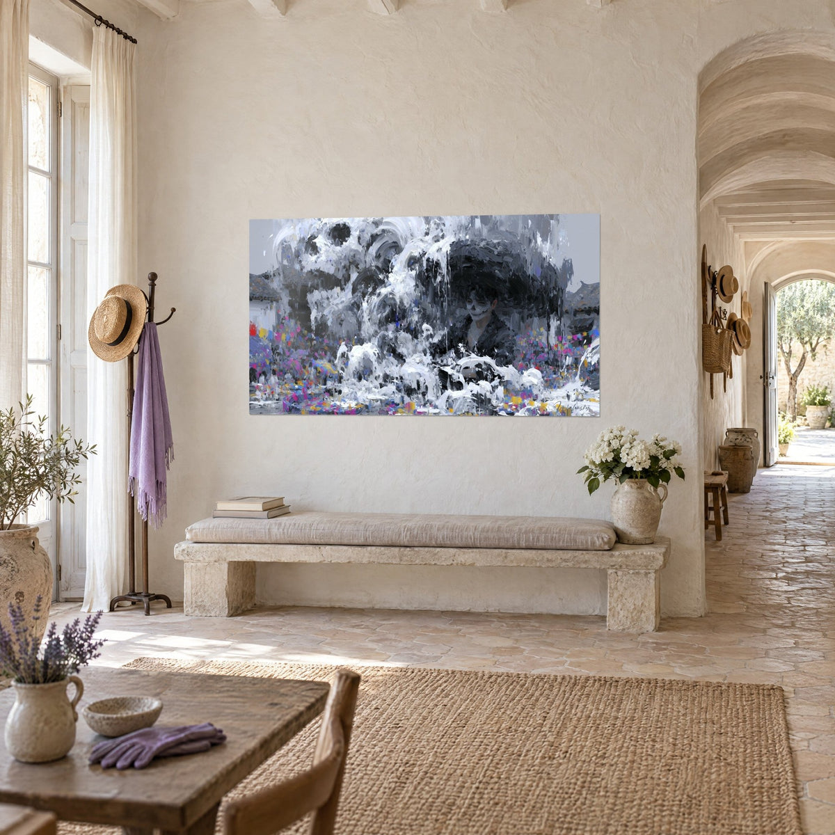 Tableau transe carnavalesque, masque de squelette sous un large sombrero noir, fanions rose et jaune, mas provençal