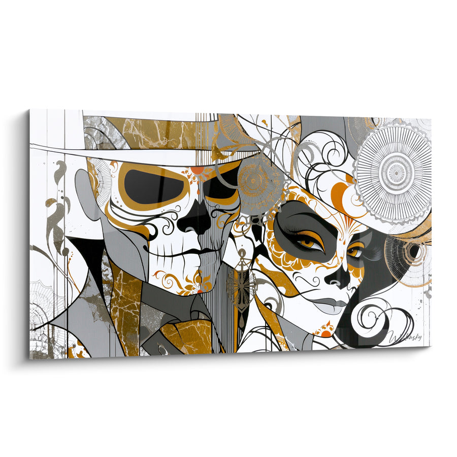 Tableau Couple maquillé gris et doré aux chapeaux blancs - Croix pendante ornée - Edition Dia de los Muertos
