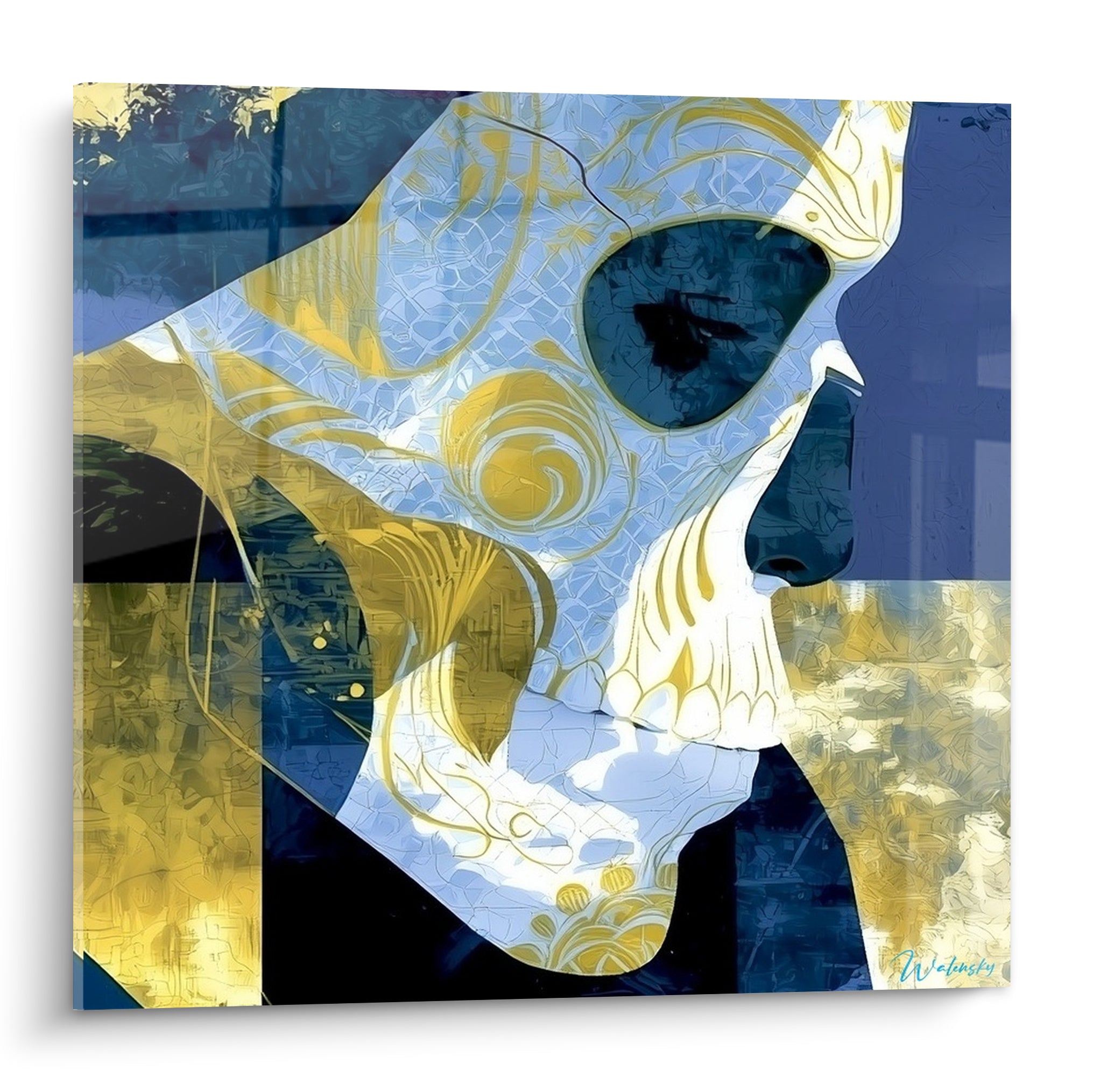 Crâne orné en profil, bleu marine et doré, motifs floraux entrelacés, composition en aplats géométriques