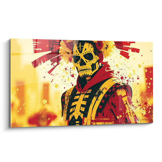Visage crâne doré aux motifs rituels, écharpe rouge, fond éclaté jaune et rouge du Dia de los Muertos