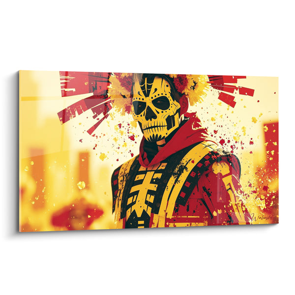 Painting Face painted yellow and red with fragmented bursts - Red scarf draped - Dia de los Muertos Edition
