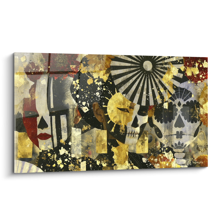 Tableau Visage doré et noir aux rayons solaires - Lèvres rouges fragmentées - Edition Dia de los Muertos