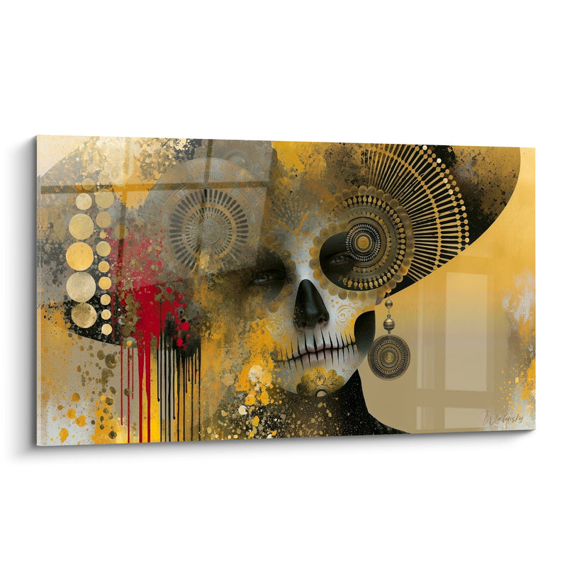 Tableau Crâne doré aux motifs mandala noirs - Transe rituelle - Edition Dia de los Muertos