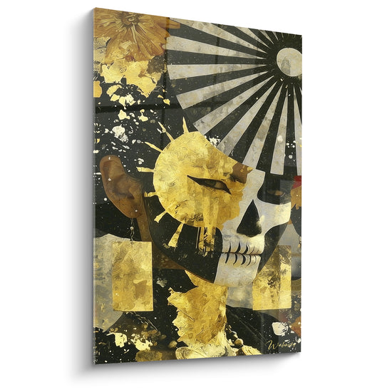 Goldenes und schwarzes Gesicht mit Sonnenstrahlen - Hängeohrring in Form eines Diamanten - Dia de los Muertos Edition