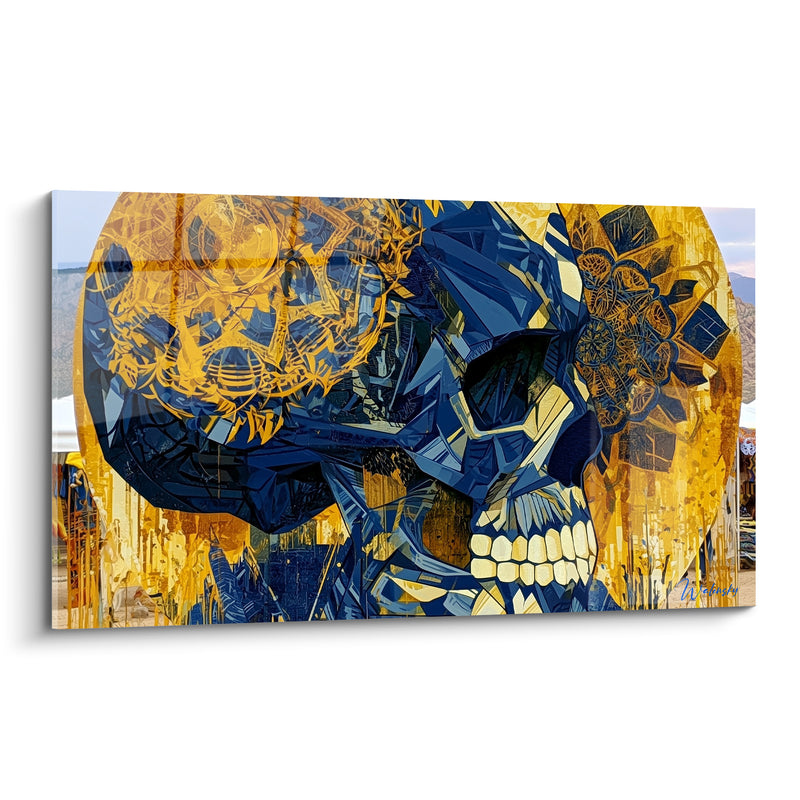 Tableau Crâne facetté bleu marine et doré - Vertige cristallin - Edition Dia de los Muertos