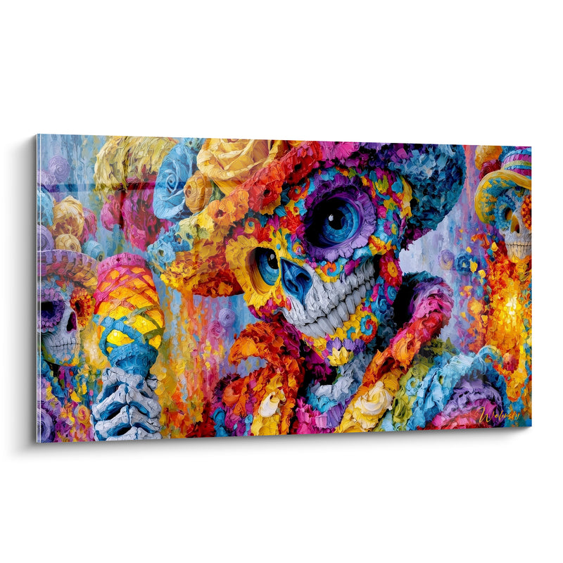 Tableau Crâne fleuri aux teintes orange et bleu - Défilé des ancêtres - Edition Dia de los Muertos