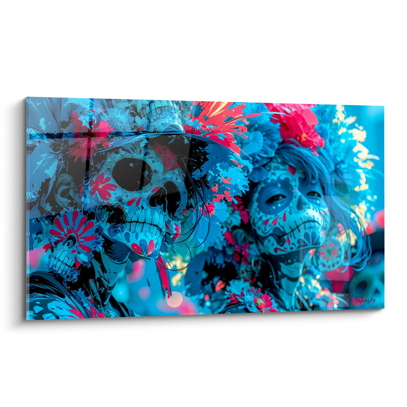 Tableau Crâne bleu et rose au chapeau fleuri - Orbites noires profondes - Edition Dia de los Muertos