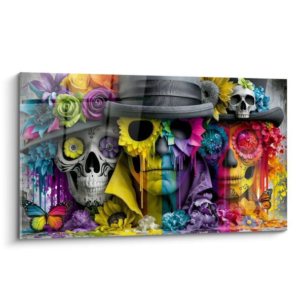 Skull Painting with Grey and Yellow Hat and Multicolored Flowers - Turquoise-Winged Butterflies - Dia de los Muertos Edition