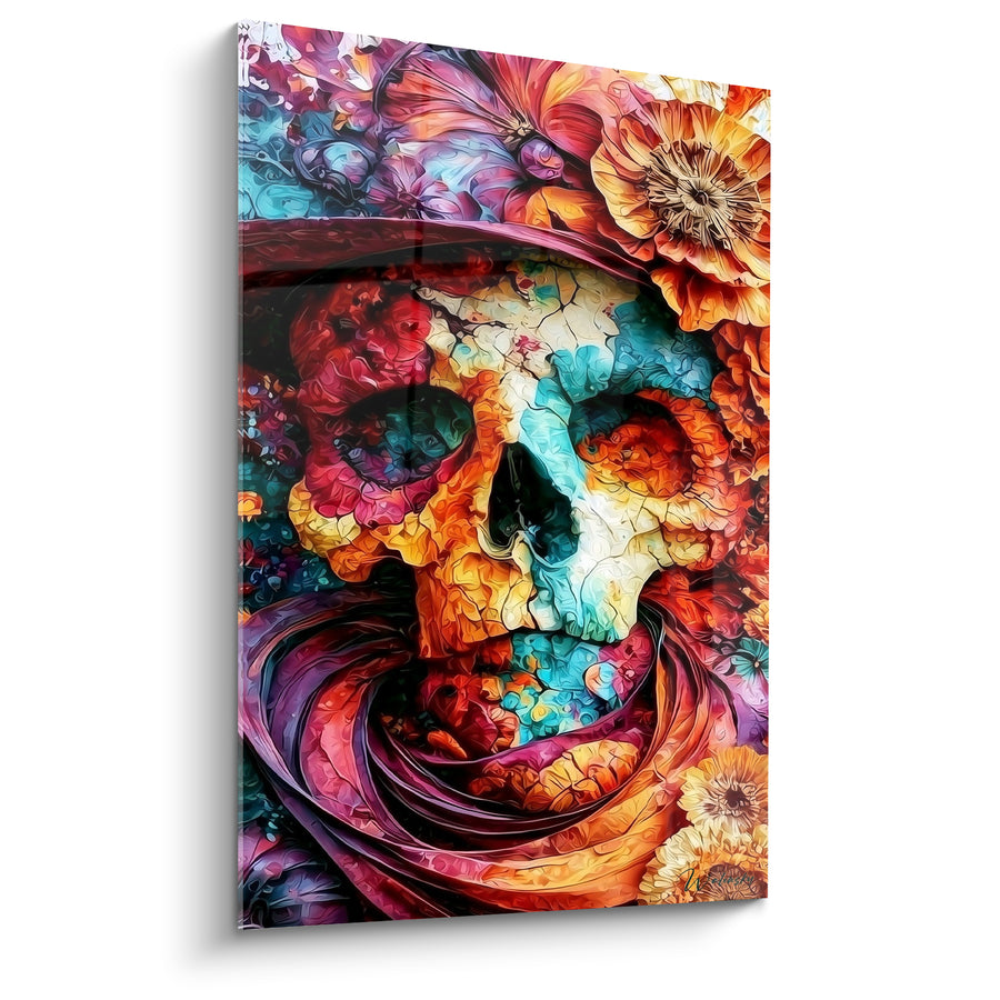 Tableau Crâne fleuri orange et turquoise éclatant - Renaissance flamboyante - Edition Dia de los Muertos