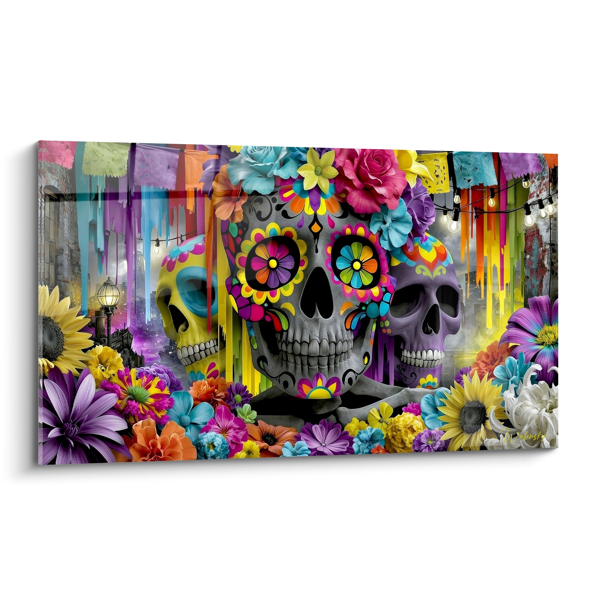Trois crânes gris ornés de fleurs roses et turquoise célébrant le Dia de los Muertos en couleurs vives