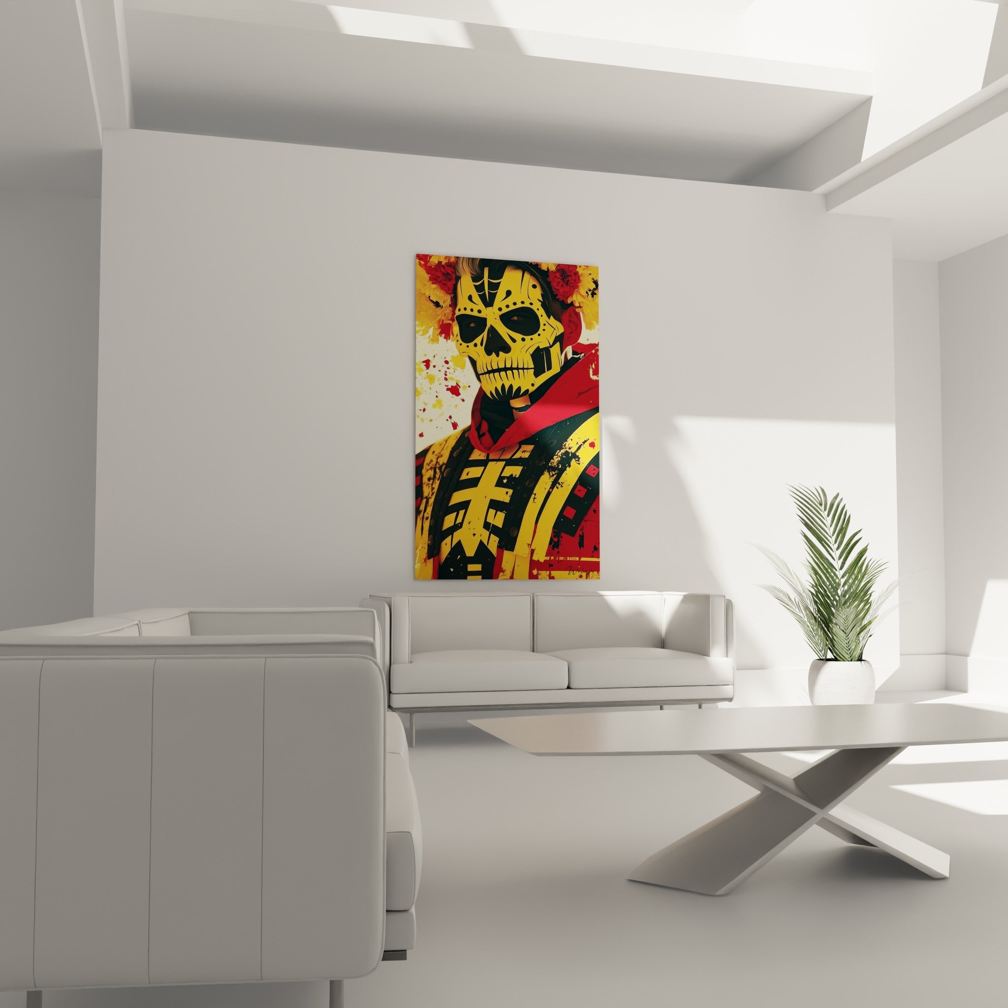 Crâne fleuri doré et écarlate façon Dia de los Muertos, au-dessus d'un canapé dans un salon lumineux.