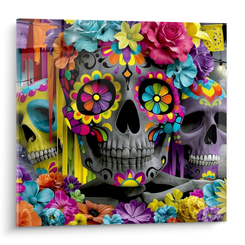 Tableau Crâne fleuri gris et violet orné - Célébration des âmes - Edition Dia de los Muertos
