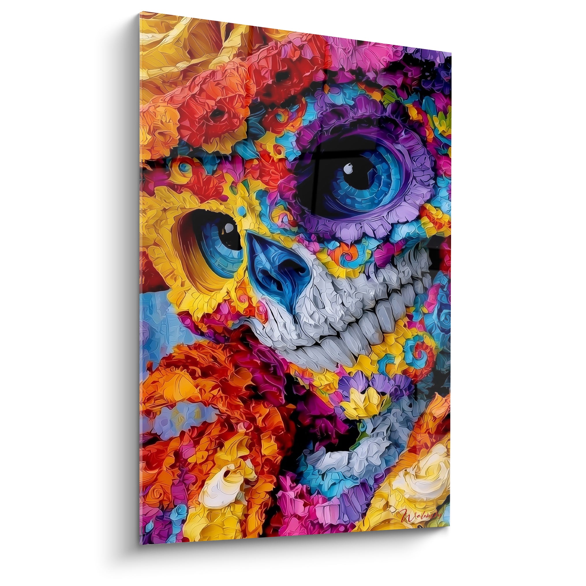 Crâne fleuri du Dia de los Muertos aux yeux bleu profond et pétales rouges orangés texturés