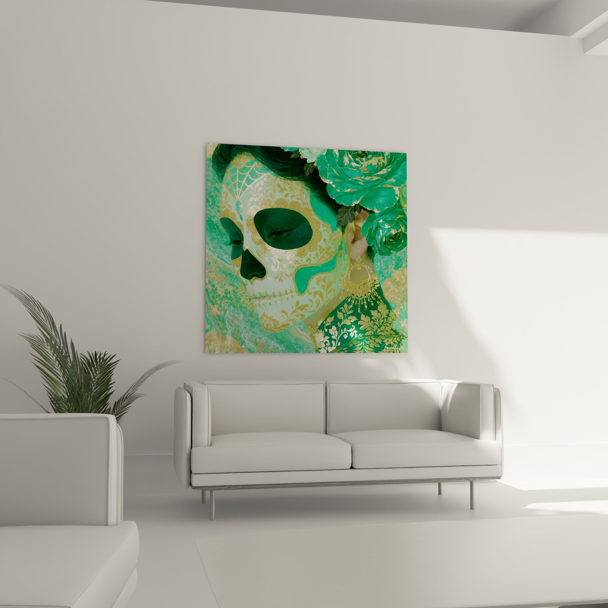 Maquillage crânien doré sur fond émeraude, tableau Dia de los Muertos au-dessus d'un canapé dans un salon lumineux