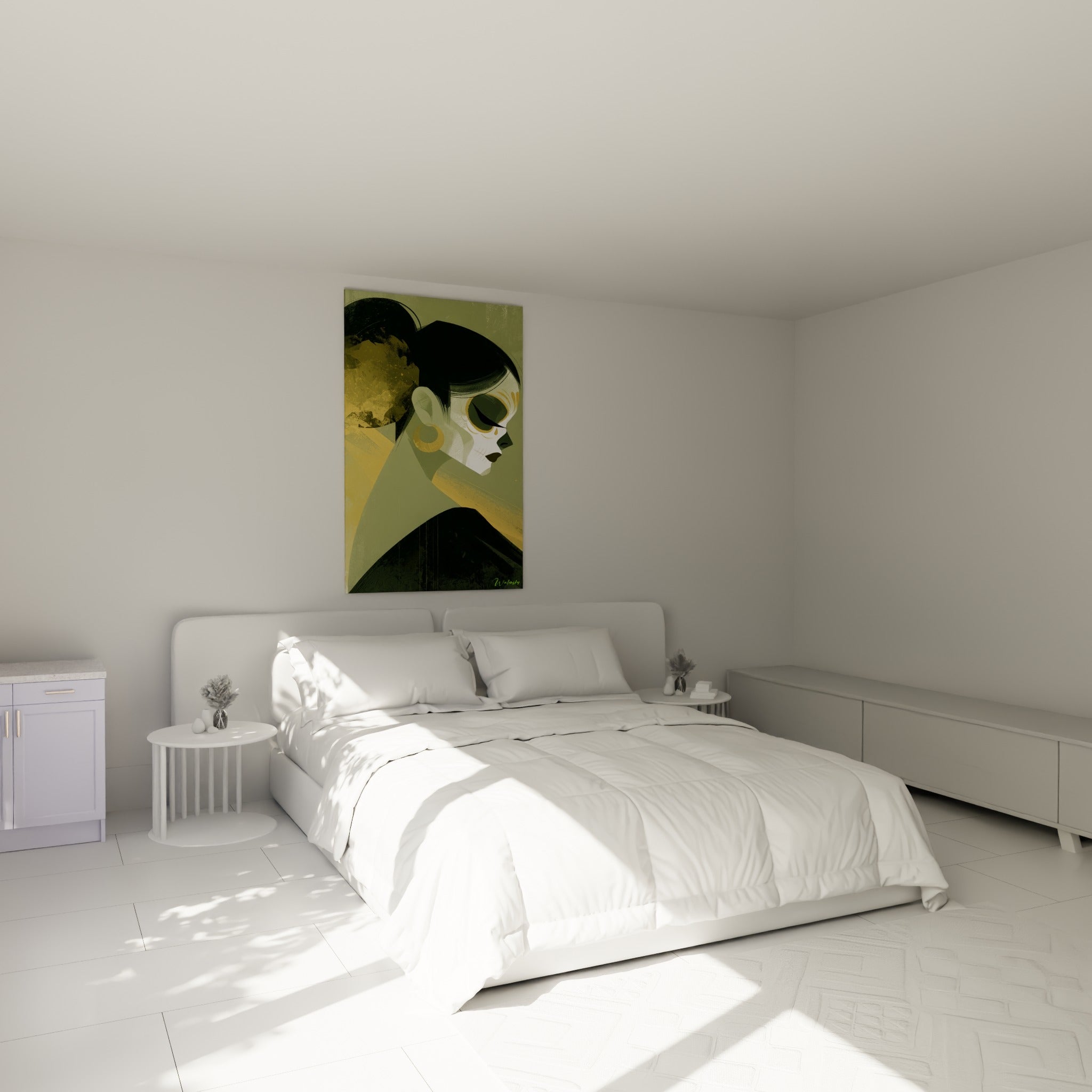 Visage peint vert sauge et doré du Dia de los Muertos, au-dessus d'un lit dans une chambre claire