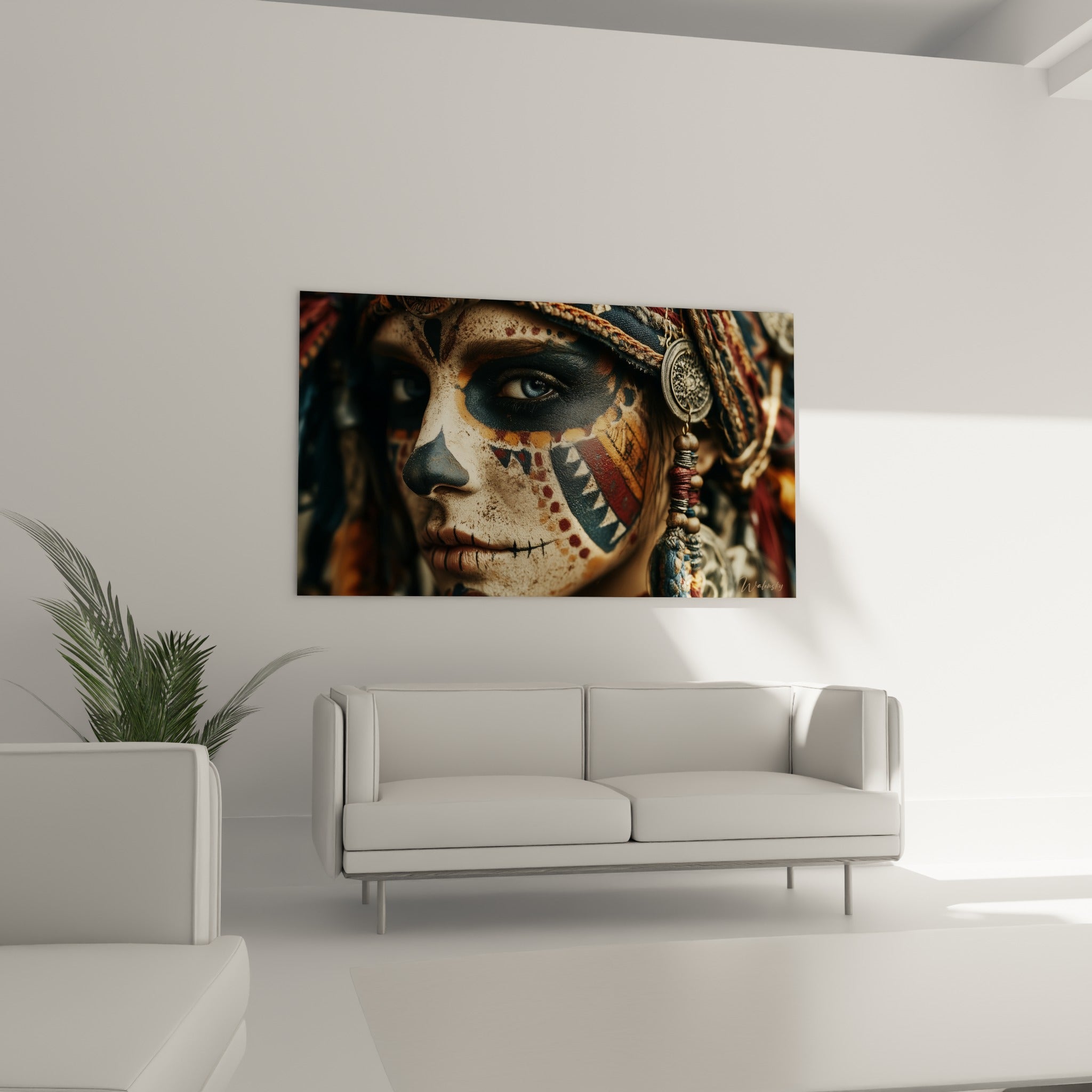 Femme au maquillage Dia de los Muertos bordeaux et ocre, œil bleu au-dessus d'un canapé dans un salon lumineux