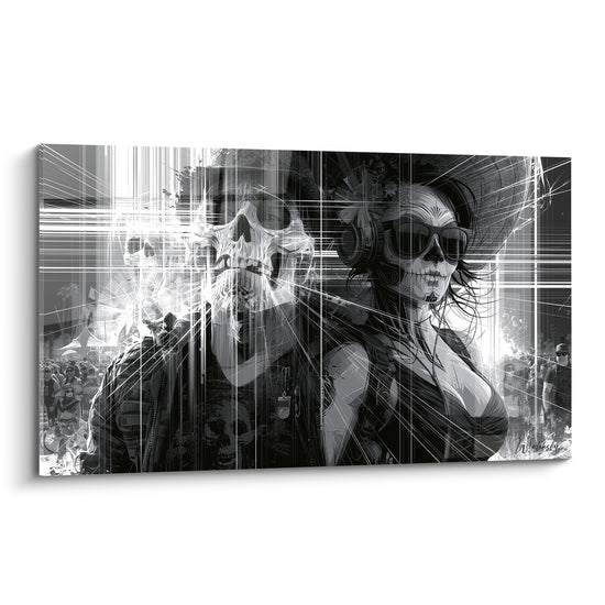 Crânes Dia de los Muertos noir et blanc, casque audio et lunettes, lignes lumineuses graphiques