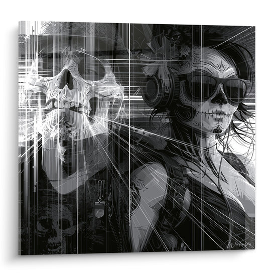 Crâne blanc et figure calavera aux lunettes noires, traits vibrants sur fond anthracite Dia de los Muertos