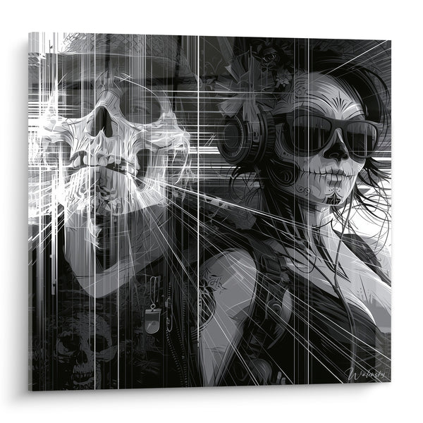 Skull and masked woman in black and white - Nocturnal confrontation - Dia de los Muertos Edition