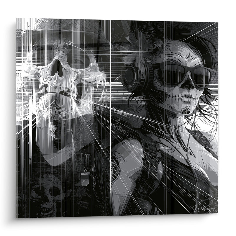 Tableau Crâne et femme masquée aux traits noir et blanc - Confrontation nocturne - Edition Dia de los Muertos