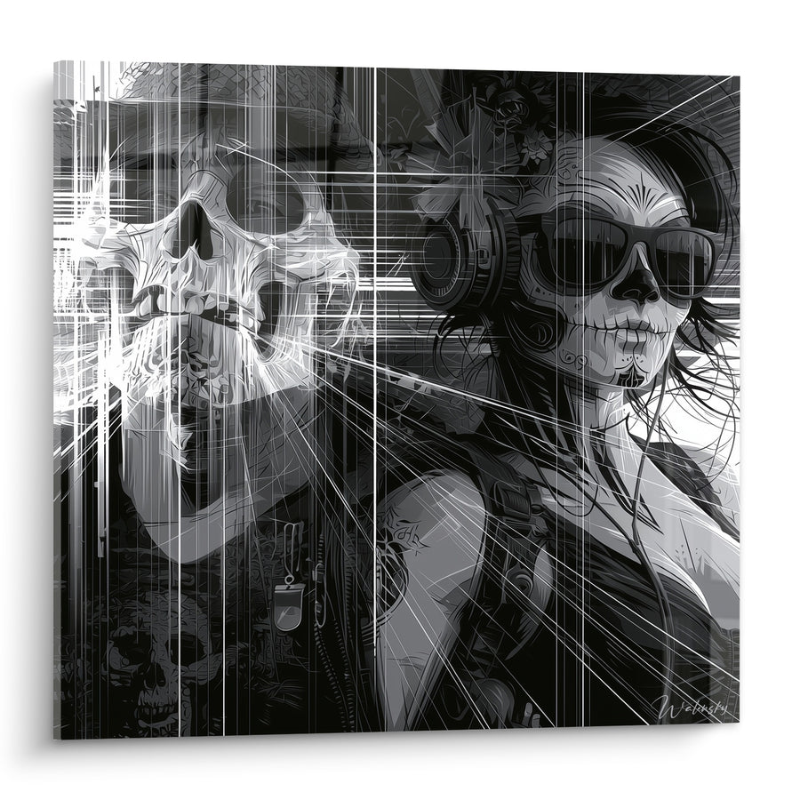Tableau Crâne et femme masquée aux traits noir et blanc - Confrontation nocturne - Edition Dia de los Muertos