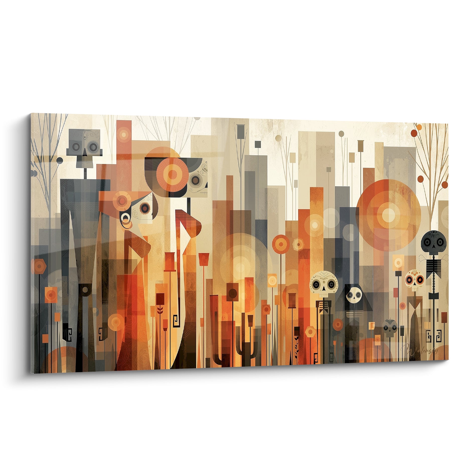Cortège de crânes ocre et anthracite composant un tableau Dia de los Muertos géométrique