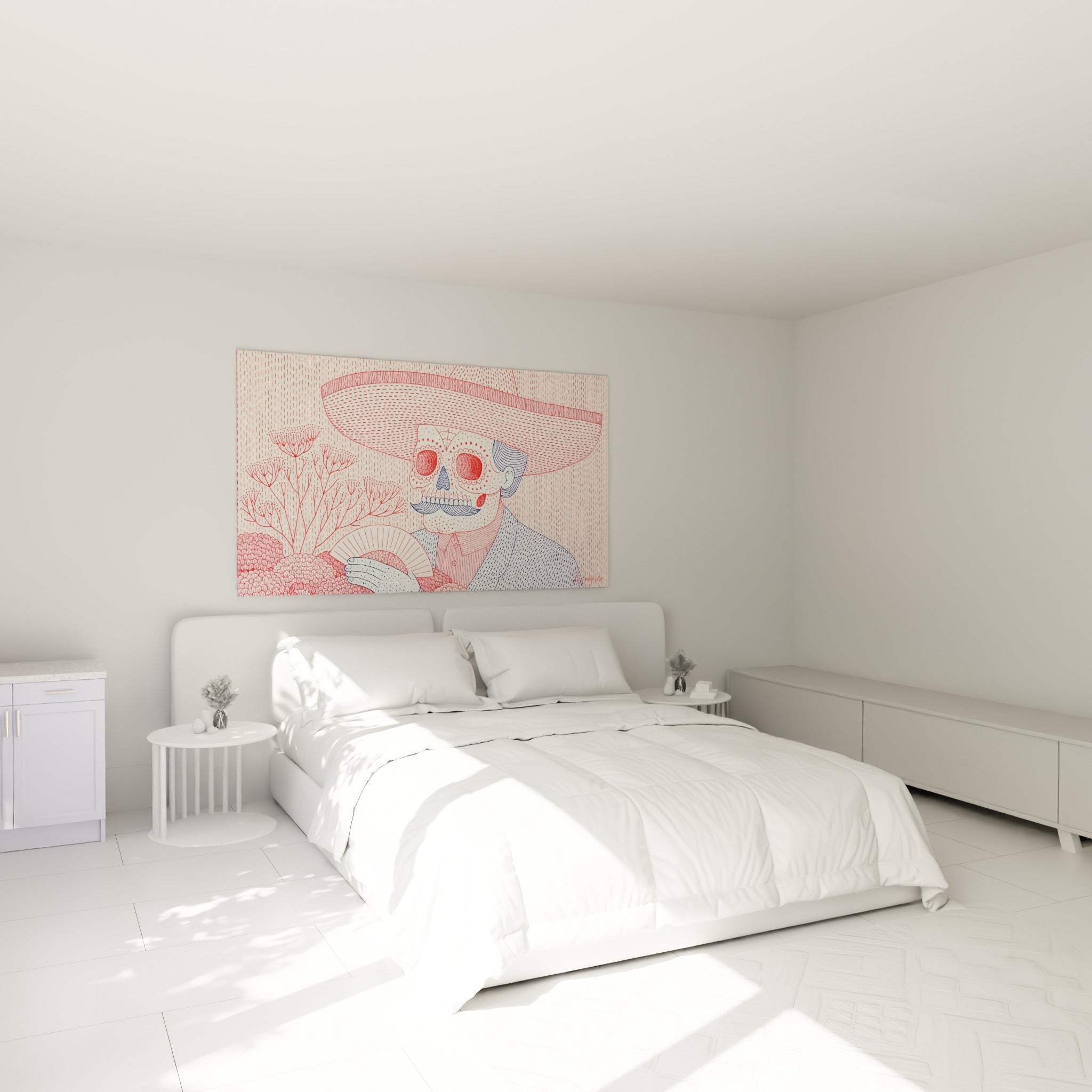 Crâne orné Dia de los Muertos en rose et bleu marine, accroché au-dessus d'un lit dans une chambre claire