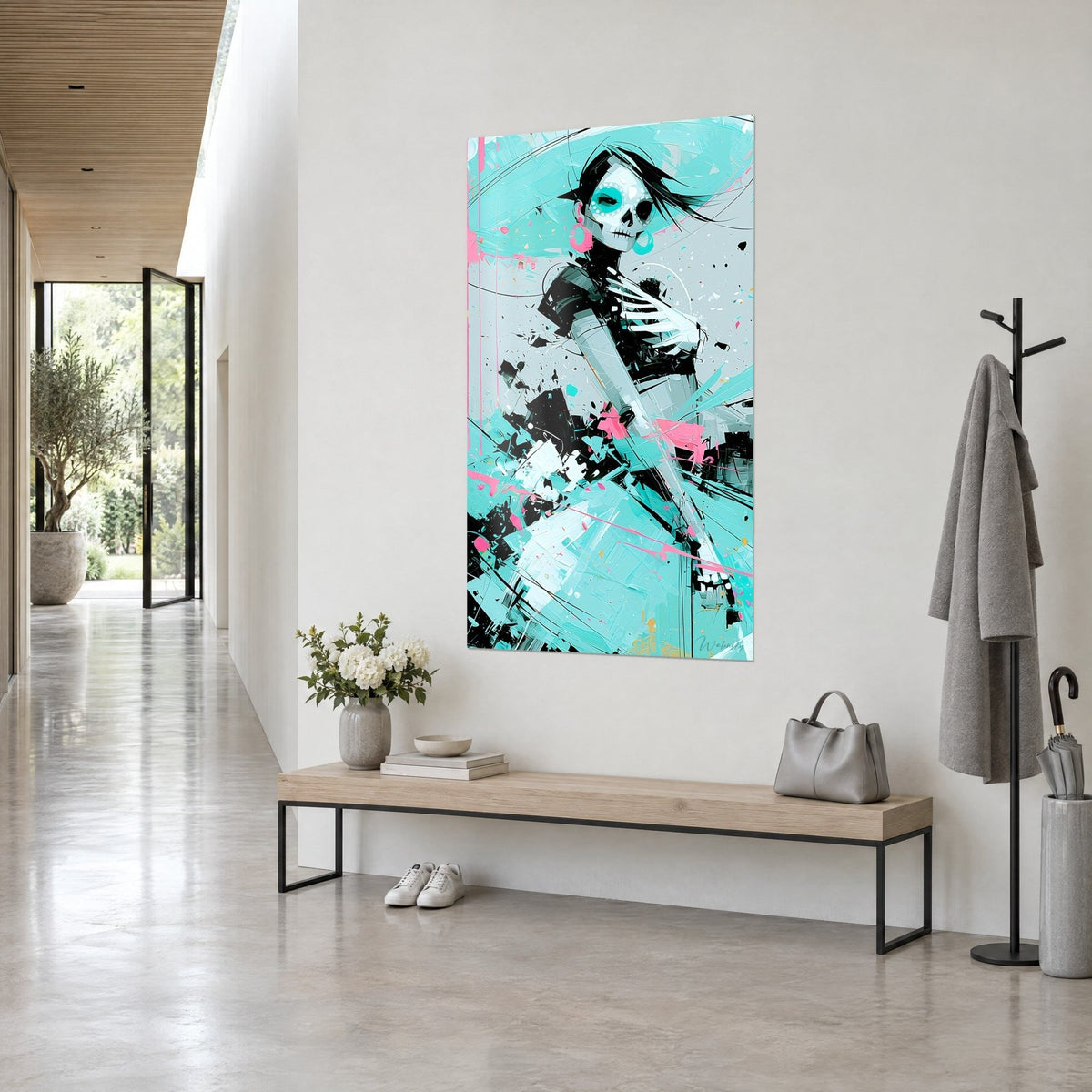Tableau squelette élégante en robe noire et blanche, coups de pinceau turquoise et touches roses, dans un couloir en vue de trois-quarts