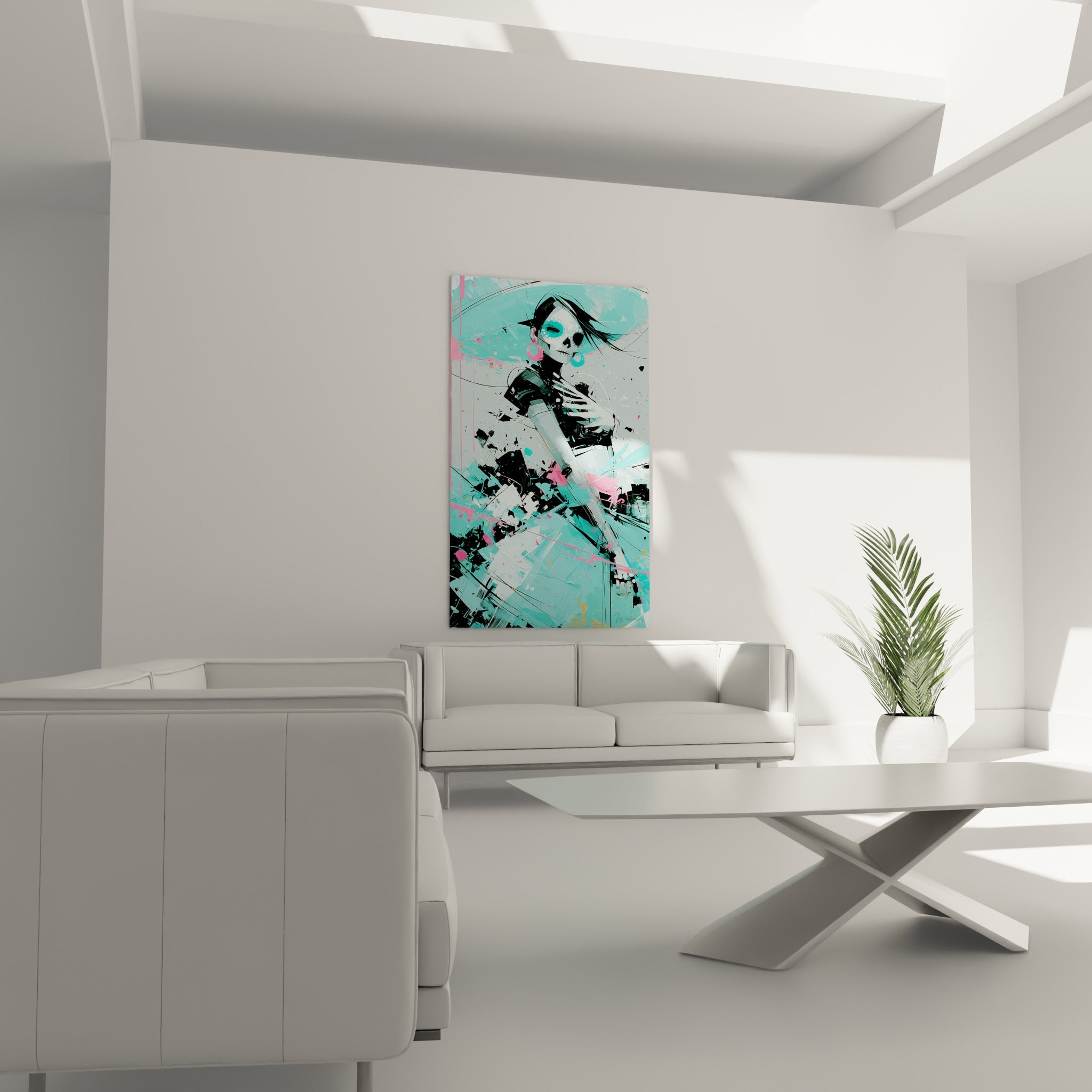 Figure de Catrina rose et turquoise éclaboussée disposée au-dessus d'un canapé dans un salon lumineux