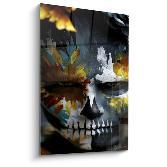 Visage Dia de los Muertos mi-crâne peint aux touches ocre et blanches sur fond anthracite intense