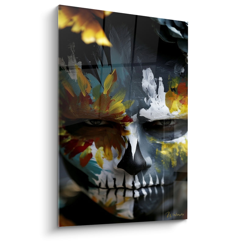 Tableau Visage peint noir et ocre à mâchoire dentelée - Regard divisé en deux - Edition Dia de los Muertos