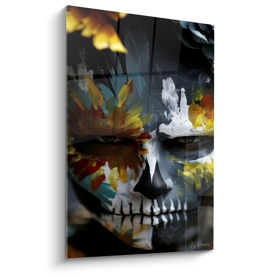 Tableau Visage peint noir et ocre à mâchoire dentelée - Regard divisé en deux - Edition Dia de los Muertos