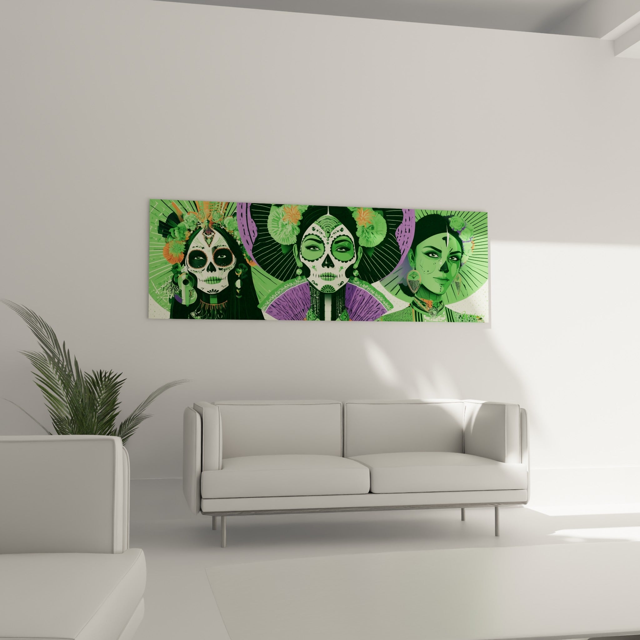 Visages peints vert émeraude du Dia de los Muertos, coiffes fleuries, au-dessus d'un canapé dans un salon lumineux
