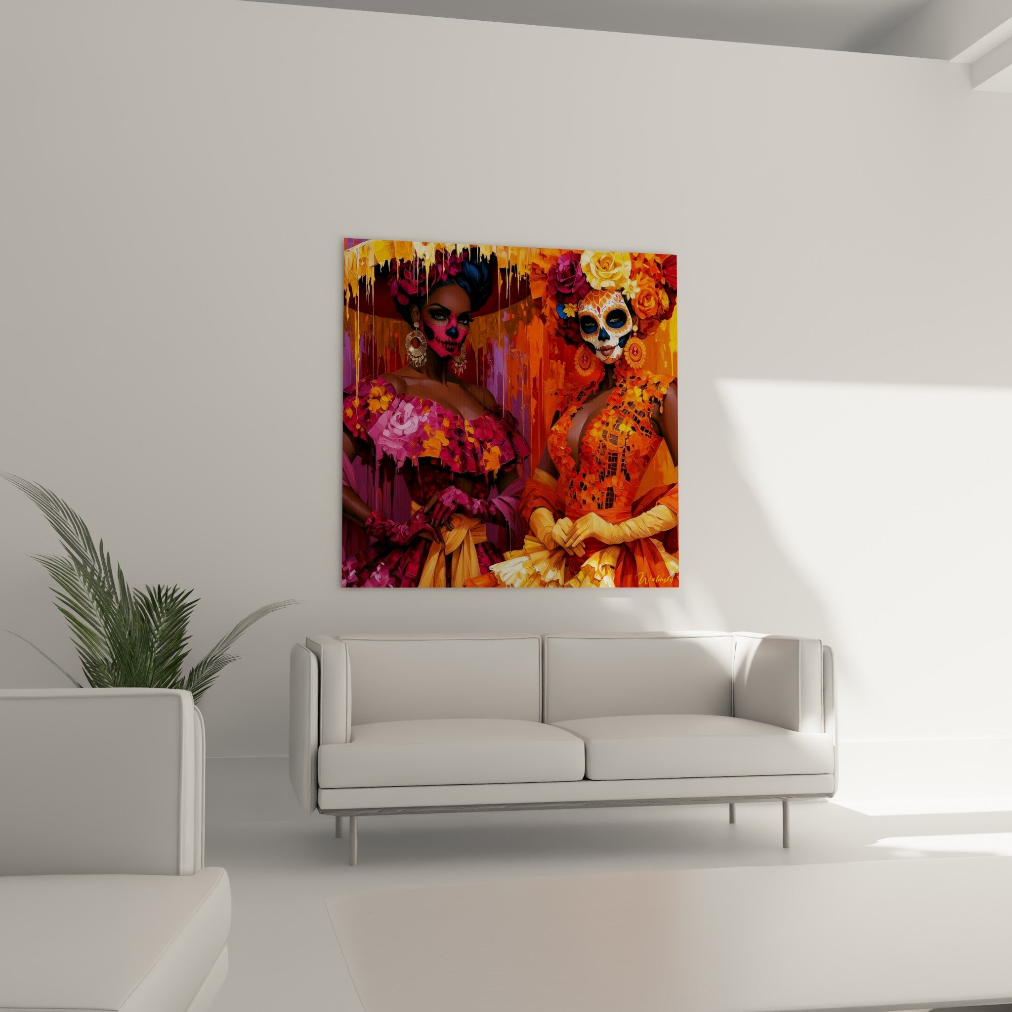 Portraits Dia de los Muertos magenta et doré aux crânes rituels, au-dessus d'un canapé dans un salon lumineux