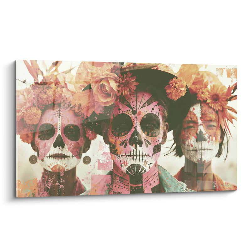 Tableau Trio de visages roses et ocre au chapeau fleuri - Toile d'araignée peinte - Edition Dia de los Muertos
