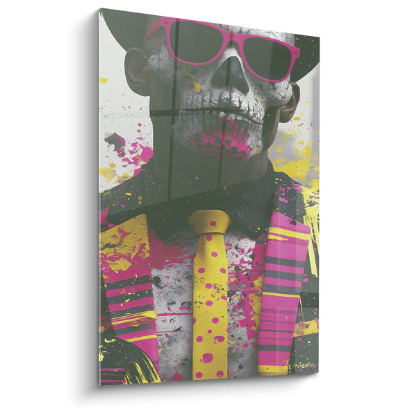 Leinwand Totenkopf rosa und gelb mit auffälliger Brille - Makabrische Party - Dia de los Muertos Edition
