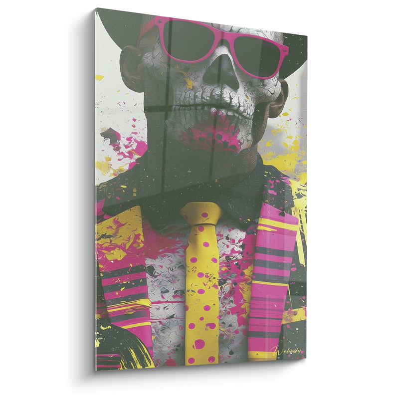 Tableau Crâne rose et jaune aux lunettes flashy - Fête macabre - Edition Dia de los Muertos