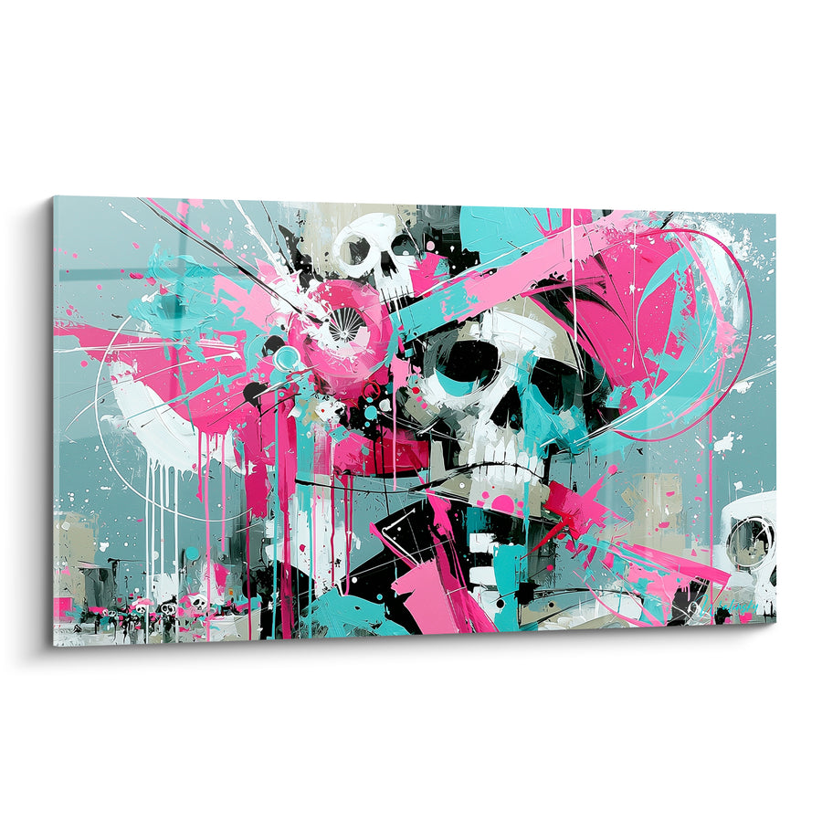Tableau Crâne rose et turquoise aux éclaboussures graphiques - Célébration effrénée - Edition Dia de los Muertos