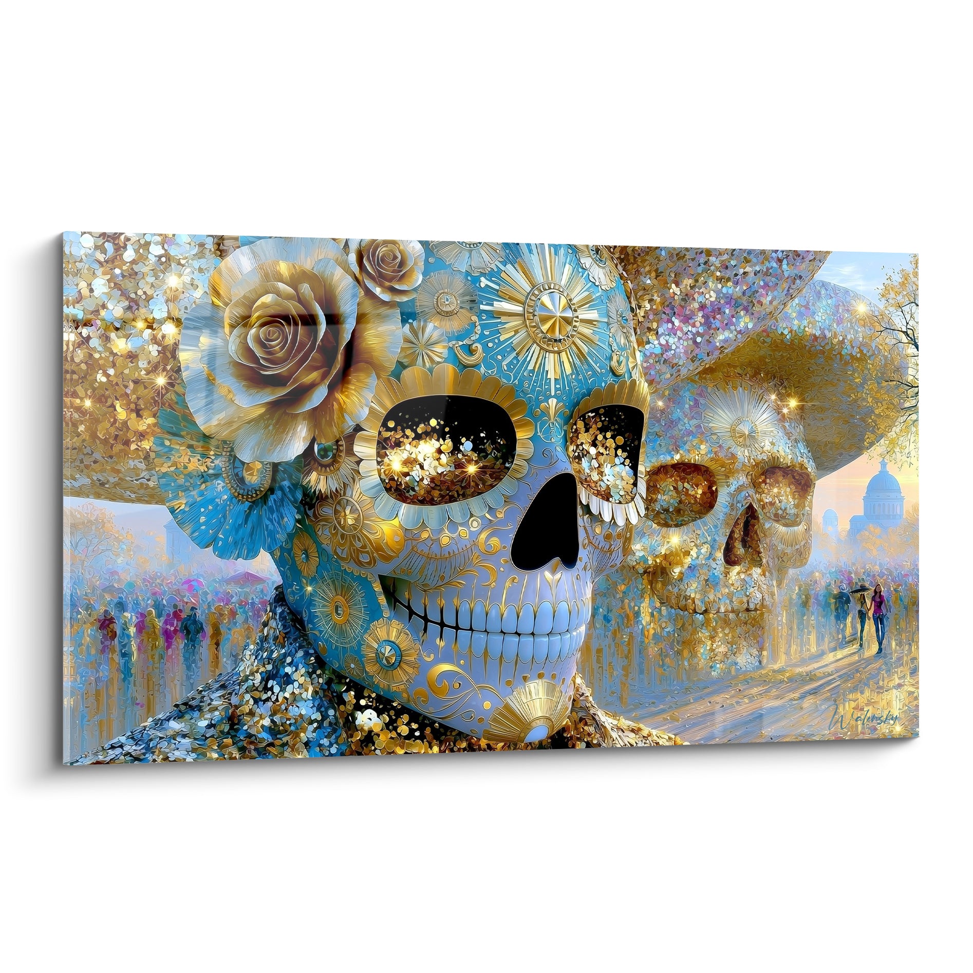 Crâne Dia de los Muertos orné de roses dorées et motifs bleu turquoise scintillants