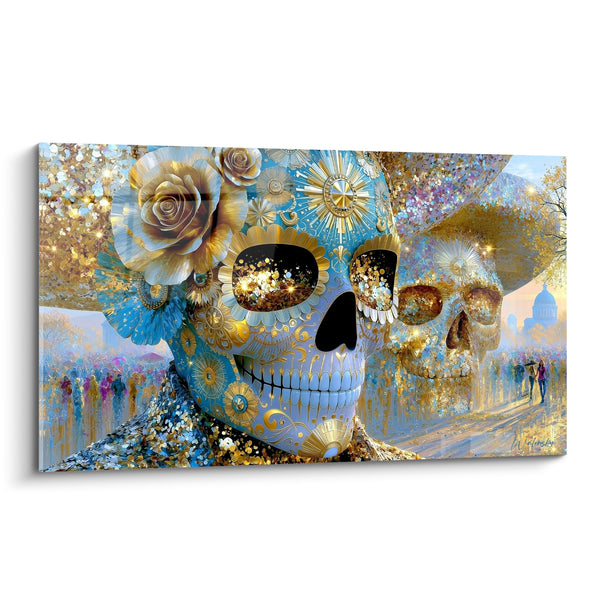 Skull Painting Adorned with Blue and Gold Flowers - Ceremonial Radiance - Dia de los Muertos Edition
