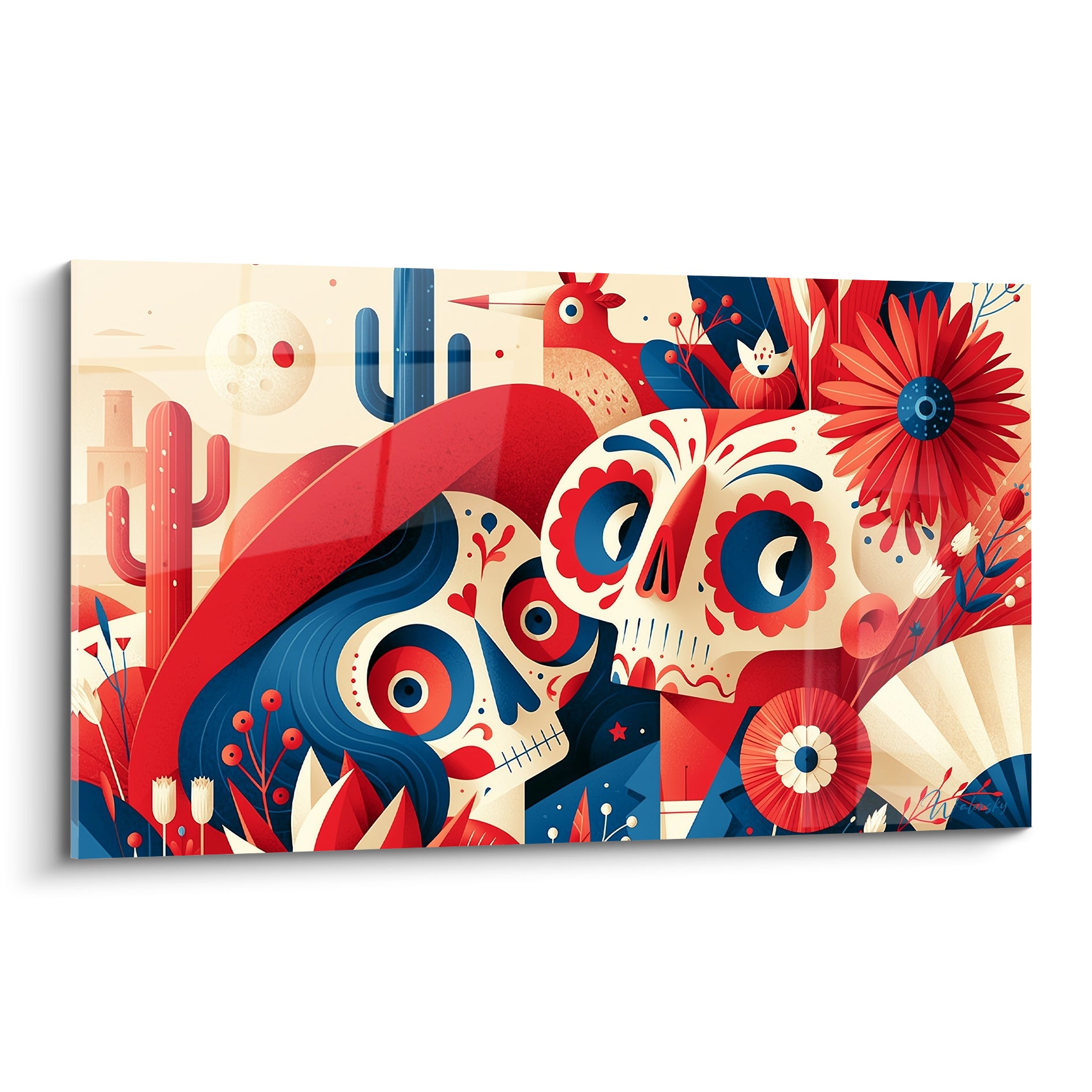 Deux crânes Dia de los Muertos rouge et bleu marine ornés de fleurs sur fond ivoire éclatant