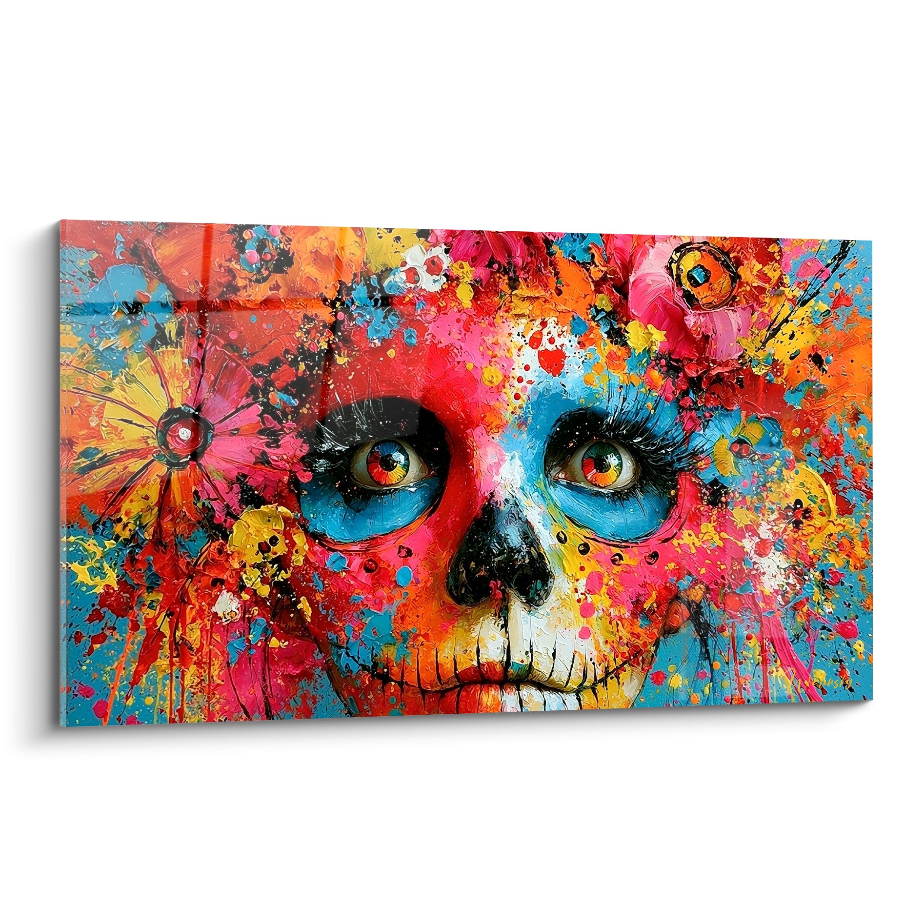 Crâne peint Dia de los Muertos aux éclaboussures rouge vermillon et bleu turquoise, regard doré perçant
