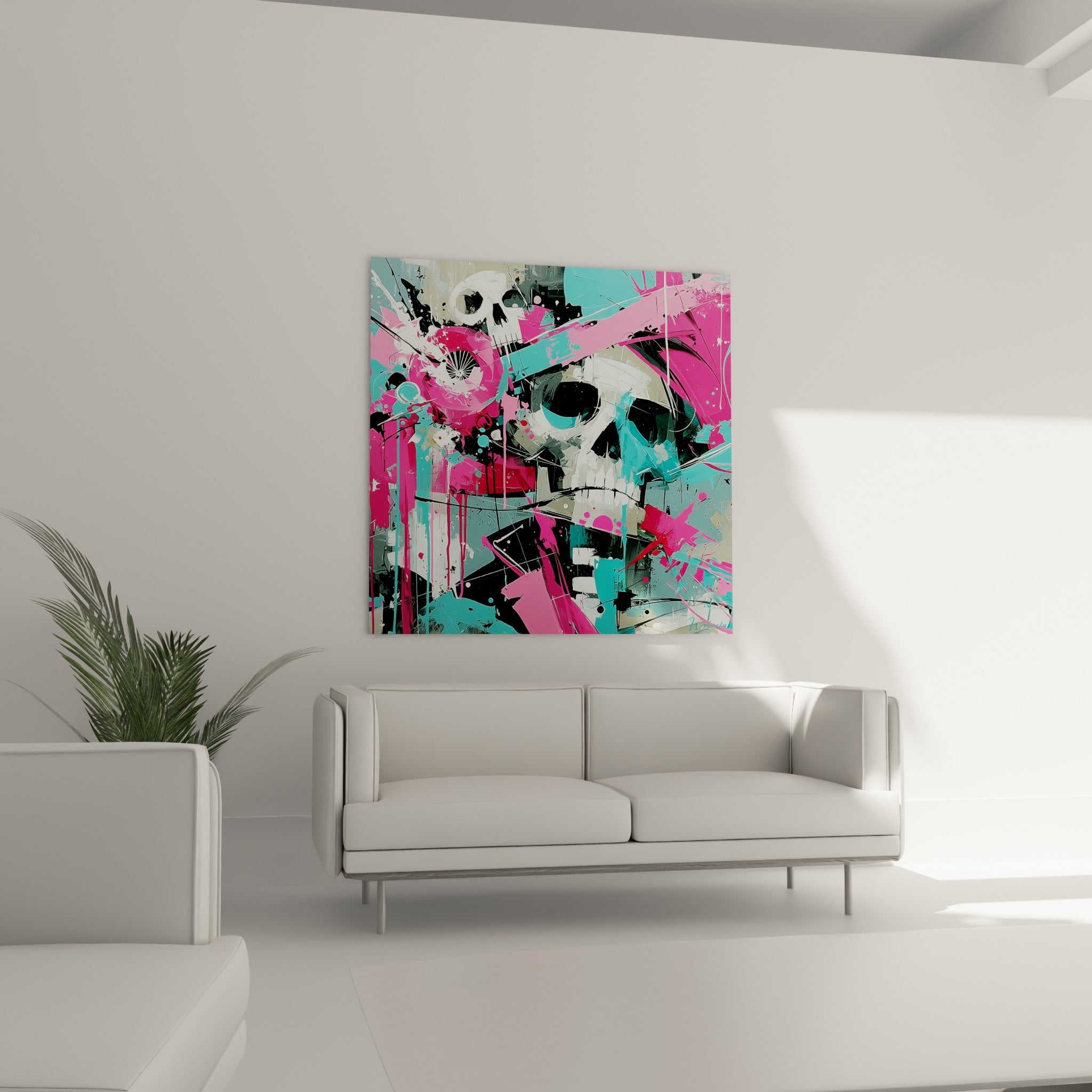 Motif crâne Dia de los Muertos en fuchsia et turquoise, suspendu au-dessus d'un canapé dans un salon lumineux