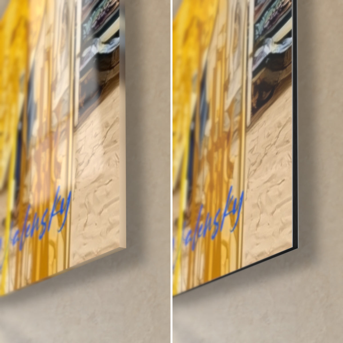 Gemälde Kristallschädel in Nachtblau und Gold, untere rechte Ecke: glänzendes Acrylglas links, mattes Dibond-Aluminium rechts, 3 mm Kante